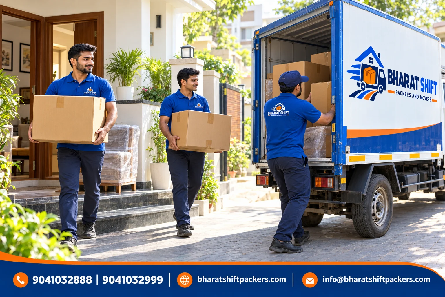 Illustrative Bharat Shift moving team preparing packed belongings for a household move